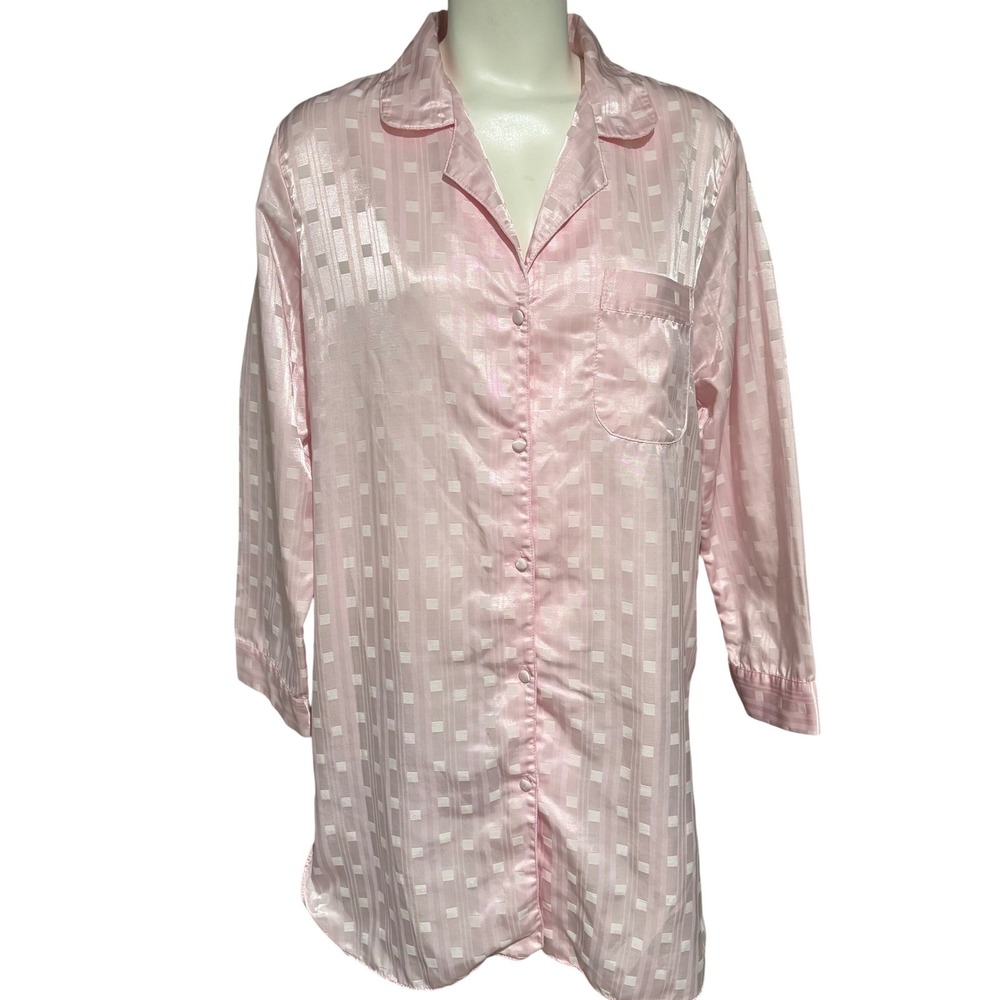 Vandemere Pink Satin Geometric Button Front Nightgown Sleep Shirt Vintage Medium